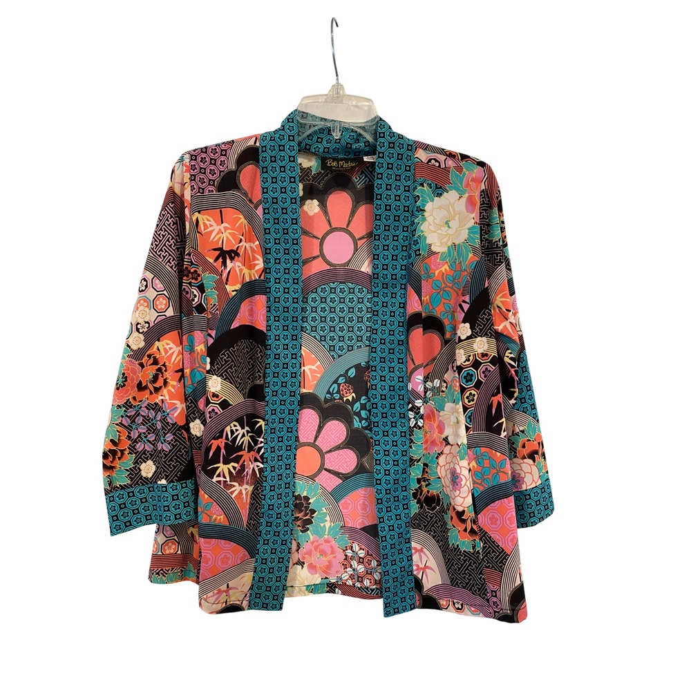 Bob‎ Mackie Wearable Art Multi Color Floral Open Front Kimono Jacket XXS